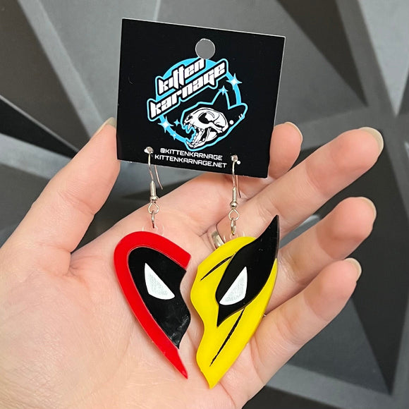 Super Hero Wolverine Dead Pool Heart Comic Earrings