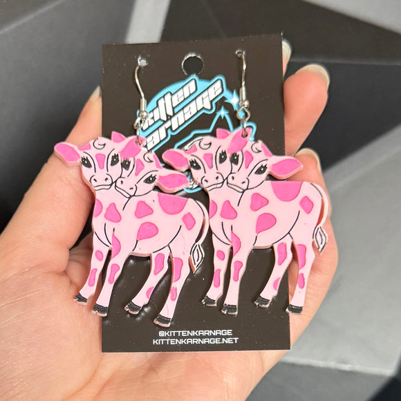 Pink Two Headed Calf Cow Poem Oddities Earrings