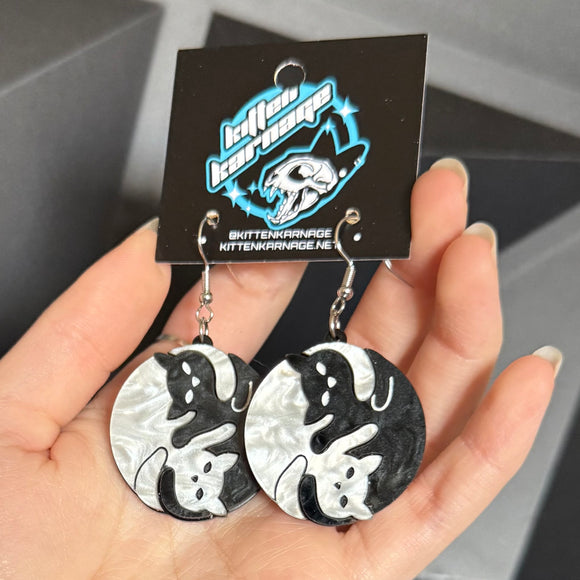 Yin Yang Cat Black Kitty Kitten Earrings