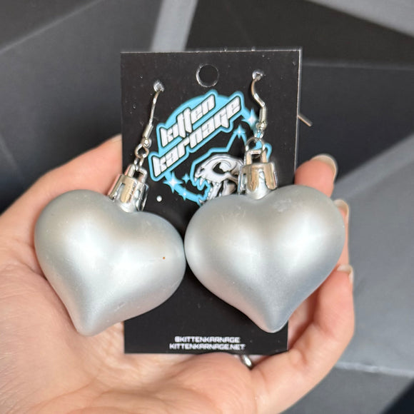 Silver Matte Heart Ornament Christmas Holiday Earrings