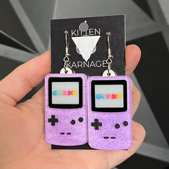 Clear Purple Glitter Game Boy Controller Console Earrings