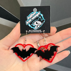 Red Heart Black Bat Layered Earrings