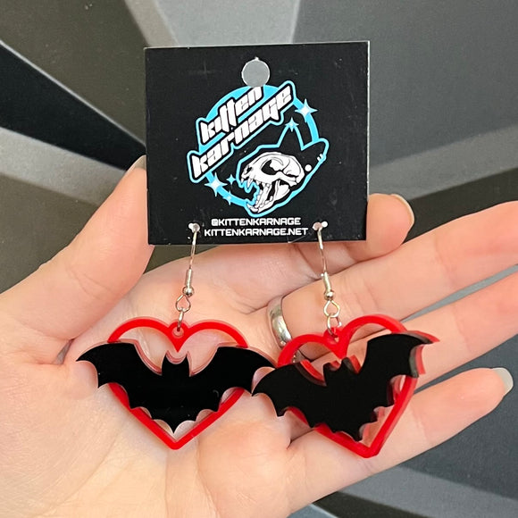 Red Heart Black Bat Layered Earrings