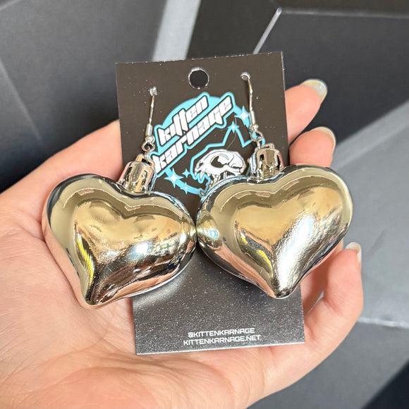 Silver Mirror Heart Ornament Christmas Holiday Earrings