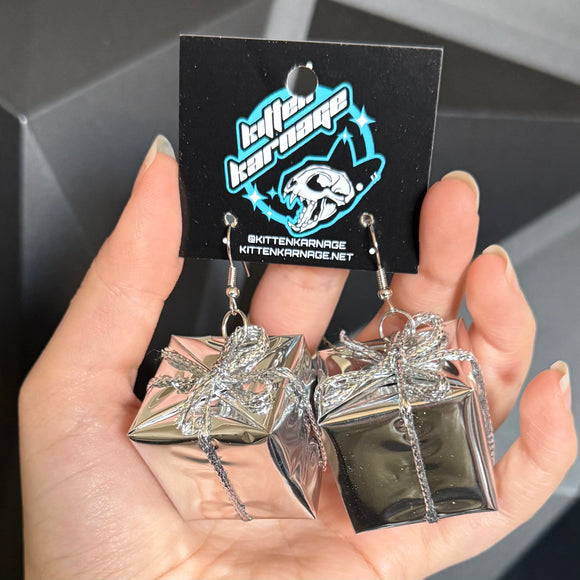 Silver Mirror Present Gift Ornament Christmas Holiday Earrings