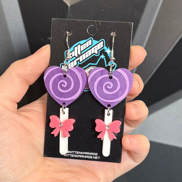 Purple Heart Swirl Lollipop with Bow Earrings