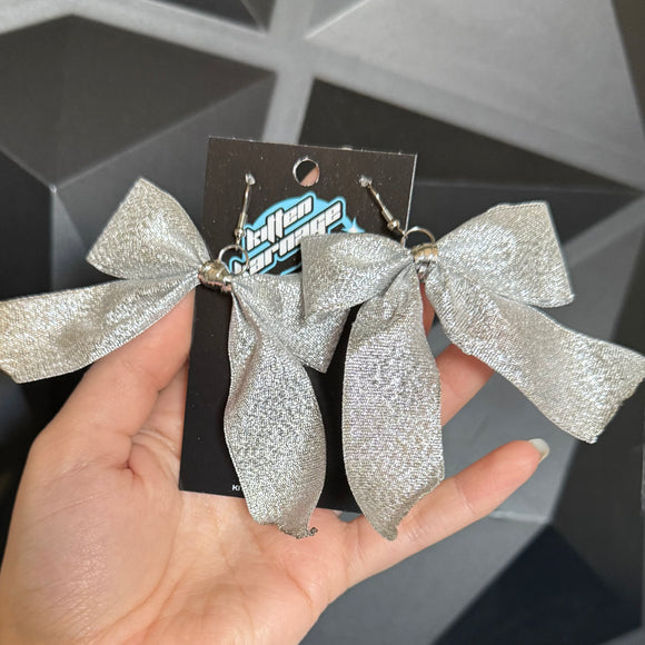 Silver Glitter Bow Christmas Holiday Earrings