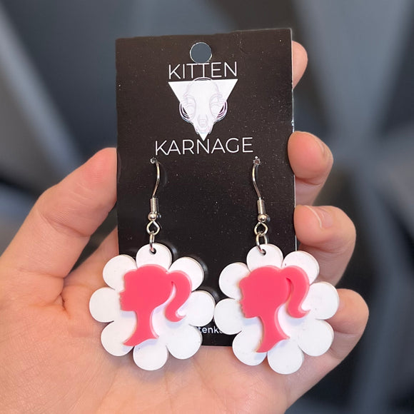 White and Pink Barbie Head Flower Earrings