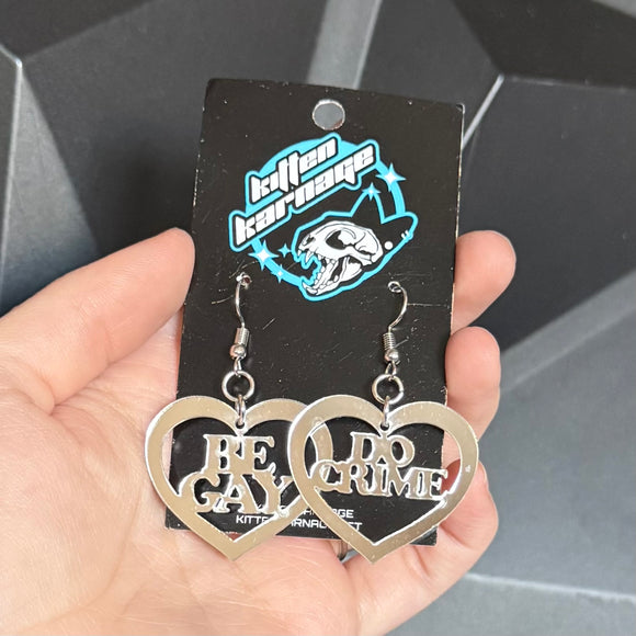 Silver Be Gay Do Crime Heart Earrings