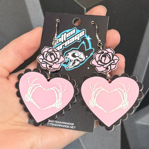 Pastel Goth Pink Skeleton Hand Heart Rose Earrings