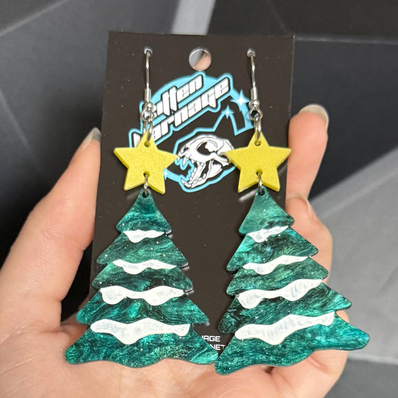 Snowy Christmas Tree Pine Star Earrings