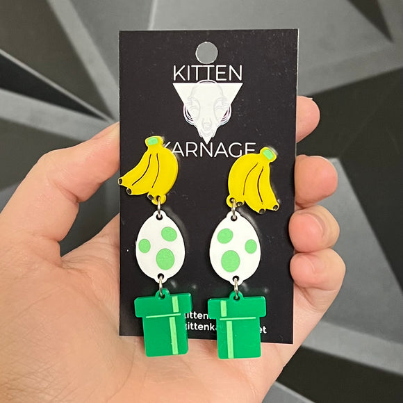 Retro Mario Banana Yoshi Pipe Video Game Earrings