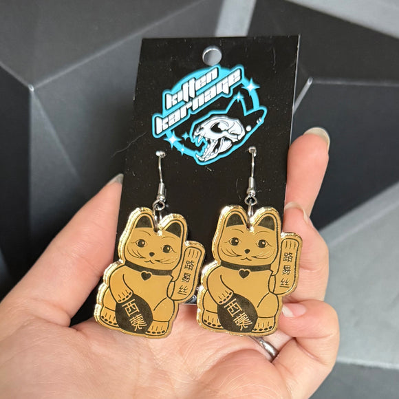 Gold Lucky Cat Maneki Neko Anime Earrings