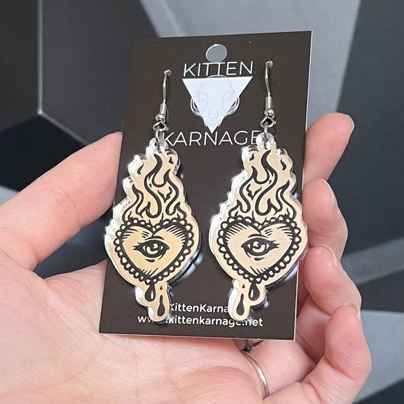 Mirror Silver Crying Eye Flame Heart Traditional Tattoo Earrings