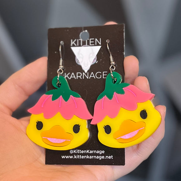 Duckling with a Pink Flower On Head Earrings