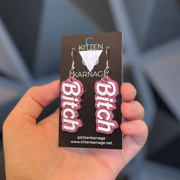 Glitter Pink Bitch Doll Earrings