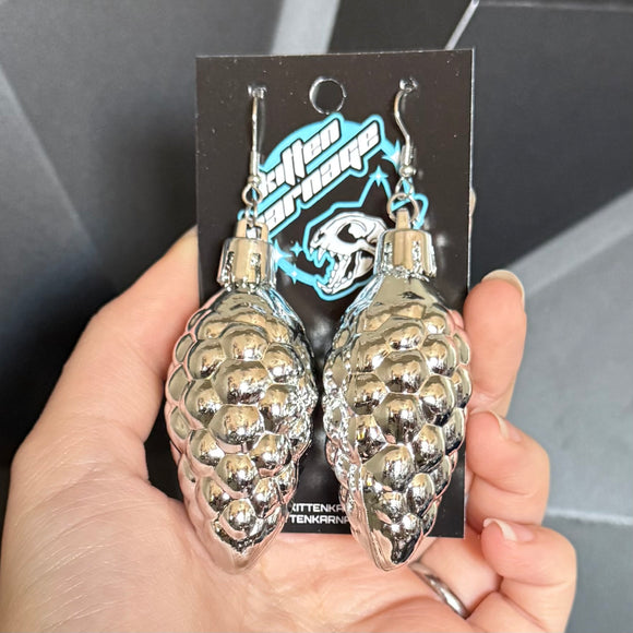 Silver Mirror Pine Cone Ornament Christmas Holiday Earrings
