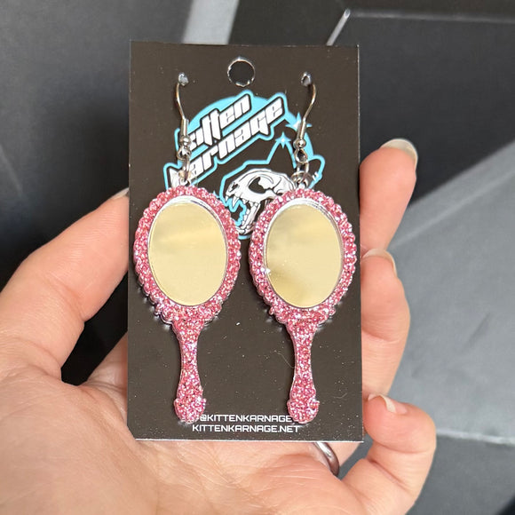 Pink Glitter Hand Mirror Earrings