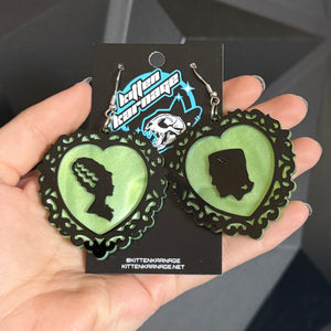 Green Bride of Frankenstein Cameo Silhouette Heart Earrings