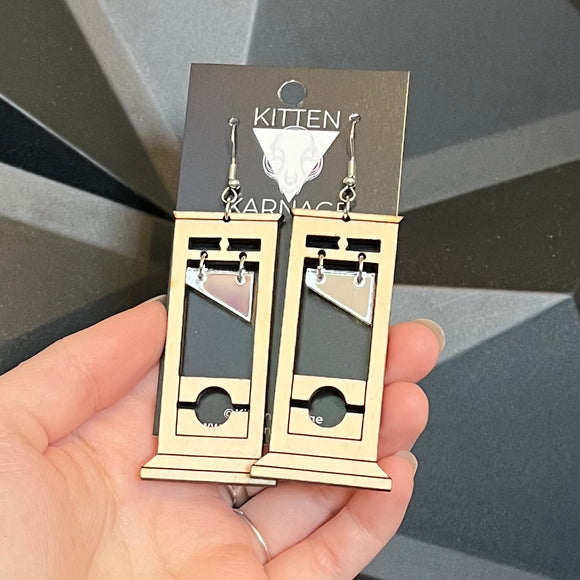 Wooden Guillotine with Silver Mirror Blade Earrings