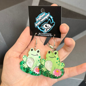 Green Cute Frog on Lily Pad Earrings