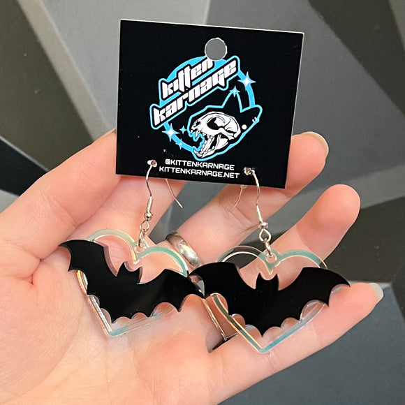 Color Shifting Heart Black Bat Layered Earrings