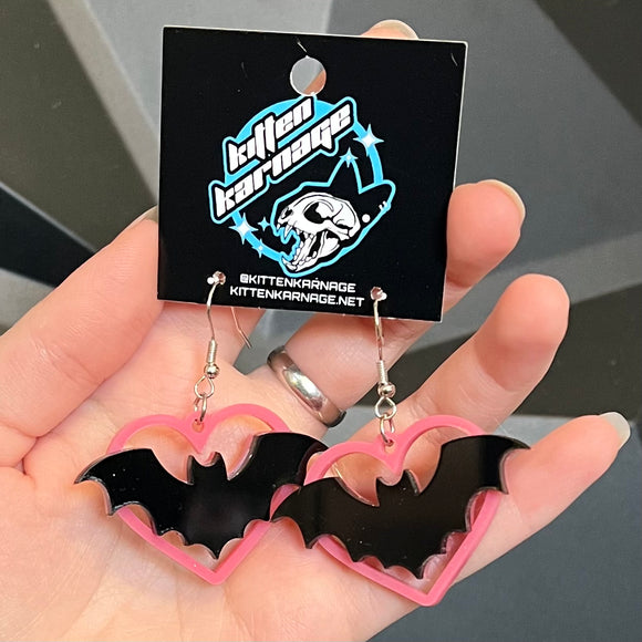 Pink Heart Black Bat Layered Earrings