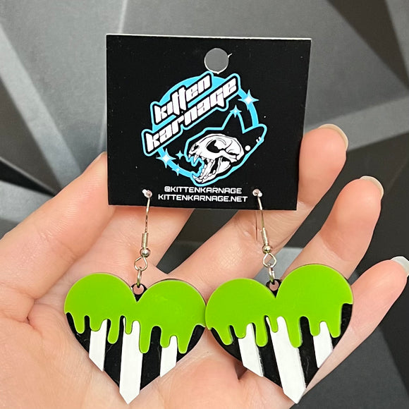 Striped Heart Green Drip Beetle Juice Beetlegeuse Movie Earrings