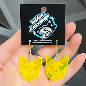 Fluorescent Neon Yellow Cat Skull Earrings