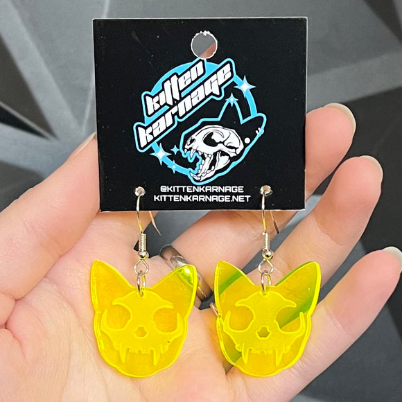 Fluorescent Neon Yellow Cat Skull Earrings