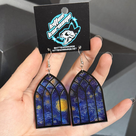 Large Van Gogh Starry Night Gothic Stained Glass Cathedral Window Earrings