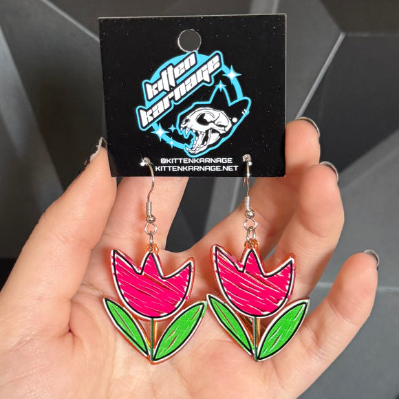 Orange Pink Crayon Flower Tulip Drawing Earrings