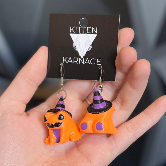 3D Printed Purple Striped Witch Hat Frog Halloween Earrings