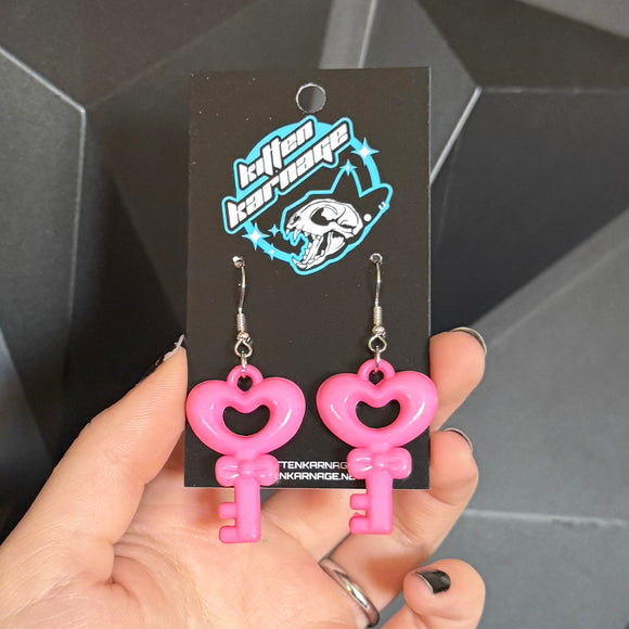 Pink Heart Key Earrings