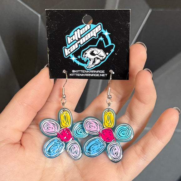 Blue Crayon Flower Drawing Scribble Earrings