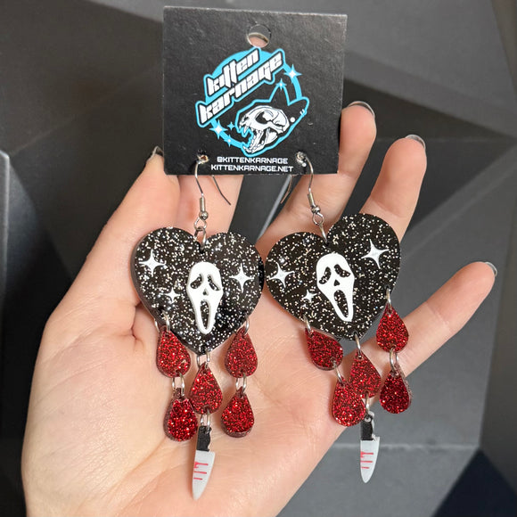 Scream Black Heart With Stacked Bloody Knife Ghost Face Earrings