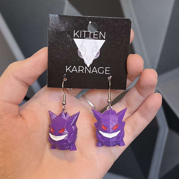 3D Printed Low Poly Gengar Pokemon Nintendo Earrings