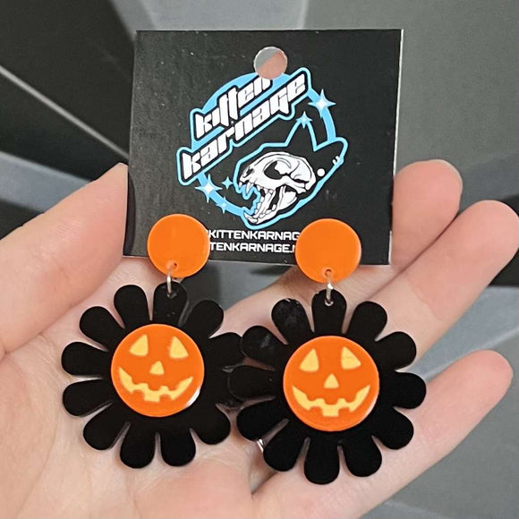 Halloween Jack O Lantern Daisy Flower Pumpkin Stud Earrings