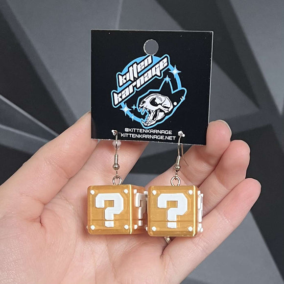 3D Printed Gold and White Mario Question Block Nintendo Earrings