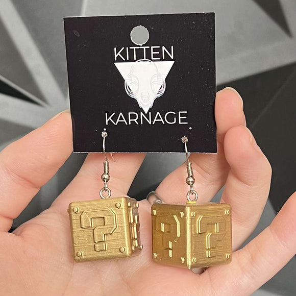 3D Printed All Gold Mario Question Block Nintendo Earrings