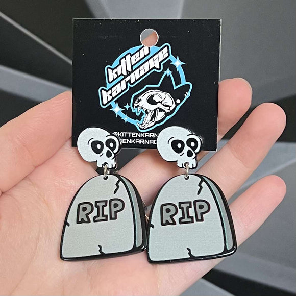 RIP Grave Stone Tombstone Skull Cartoon Halloween Stud Earrings