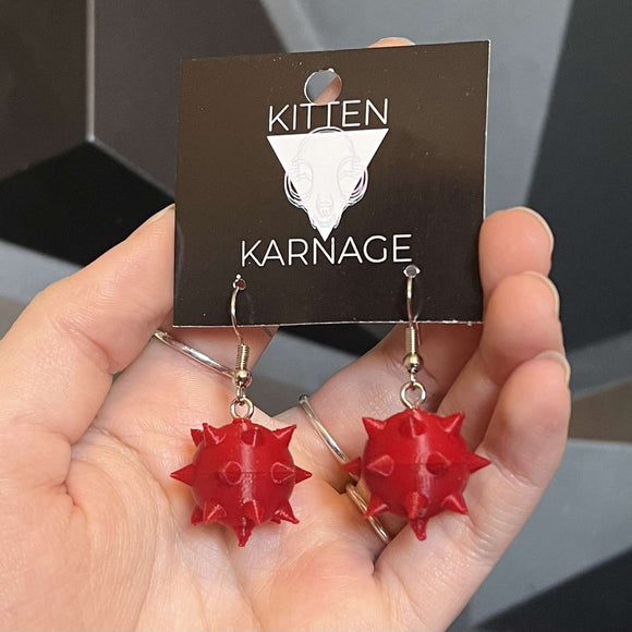 3D Printed Red Flail Morning Star Spike Ball Earrings