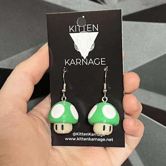 3D Printed Mario 1 Up Green Mushroom Nintendo Earrings