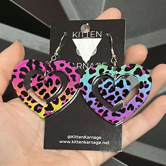 Rainbow Leopard Print 90s Layered Heart Earrings