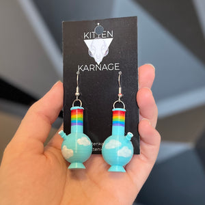 3D Printed Miniature Blue Sky Rainbow Bong Stoner Pot Head Marijuana Earrings