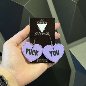 Purple Fuck You Heart Earrings