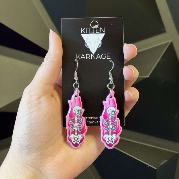 Pastel Goth Pink Flaming Skeleton Earrings