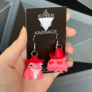 3D Printed Valentines Red Cowboy Hat Pink Frog Earrings