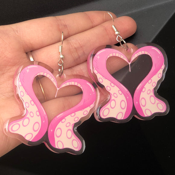 Pink Heart Tentacle Earrings