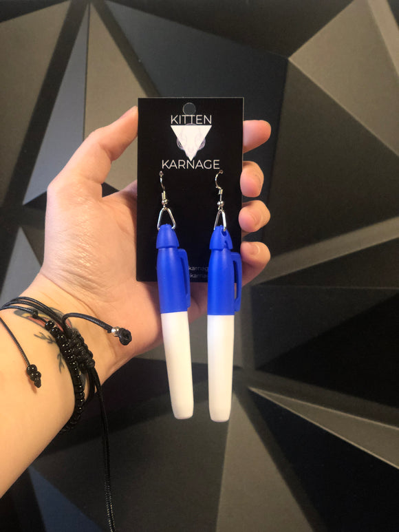 Working Miniature Blue Sharpie Marker Earrings